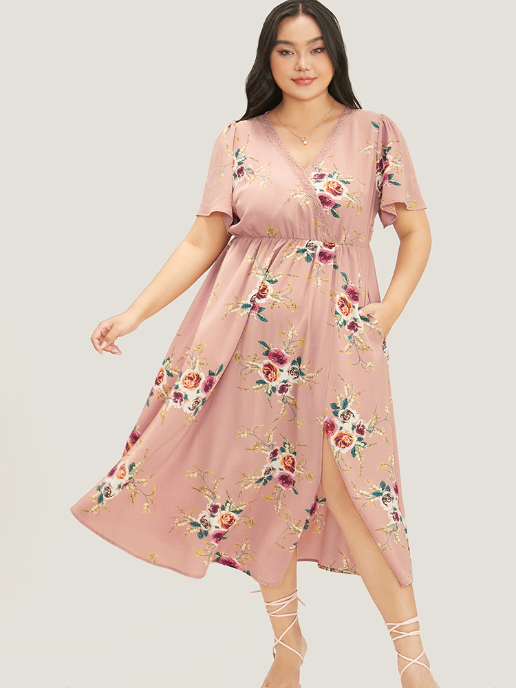 Plus Size Floral Printed Lace Wrap Pocket Split Ruffles Hem Dress DustyPink Women Elegant Lace V-neck Short sleeve Curvy Midi Dress BloomChic 22-24/3X 