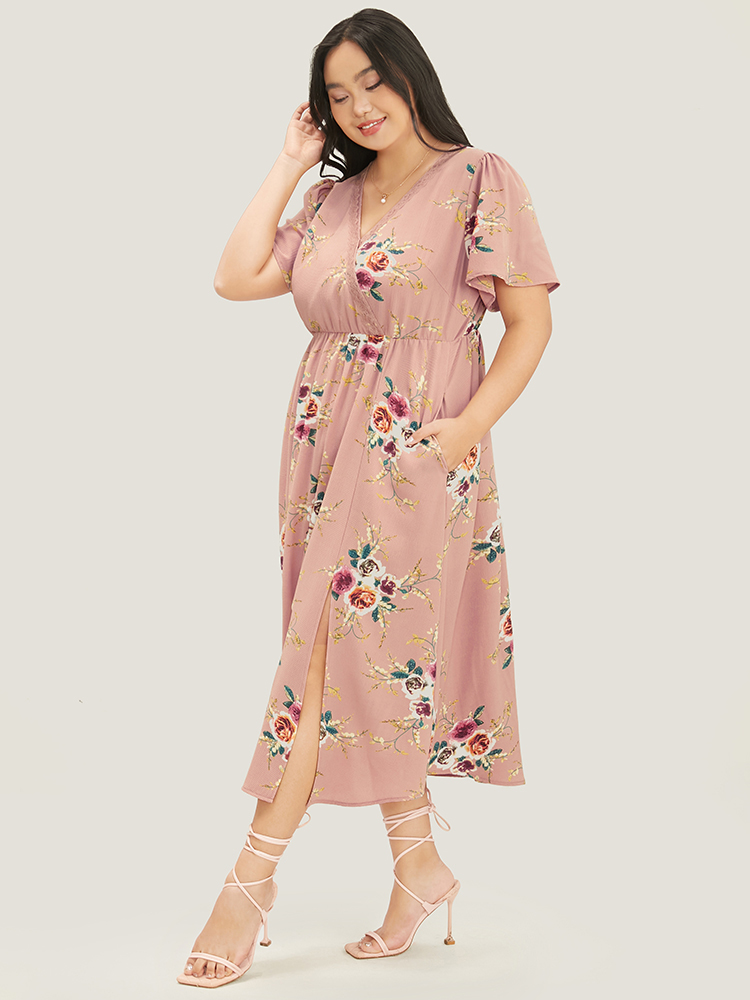 Plus Size Floral Printed Lace Wrap Pocket Split Ruffles Hem Dress DustyPink Women Elegant Lace V-neck Short sleeve Curvy Midi Dress BloomChic 22-24/3X 