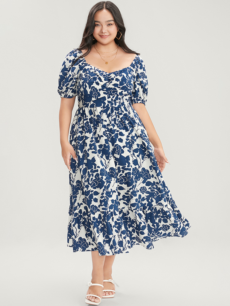 

Plus Size Floral Print Pocket Puff Sleeve Ruched Pocket Ruffle Hem Dress DarkBlue Women Elegant Pocket V-neck Short sleeve Curvy Midi Dress BloomChic