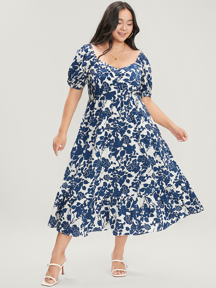 Plus Size Floral Print Pocket Puff Sleeve Ruched Pocket Ruffle Hem Dress DarkBlue Women Elegant Pocket V-neck Short sleeve Curvy Midi Dress BloomChic 26/4X 