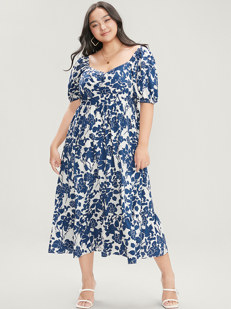 Plus Size Floral Print Pocket Puff Sleeve Ruched Pocket Ruffle Hem Dress DarkBlue Women Elegant Pocket V-neck Short sleeve Curvy Midi Dress BloomChic 26/4X 