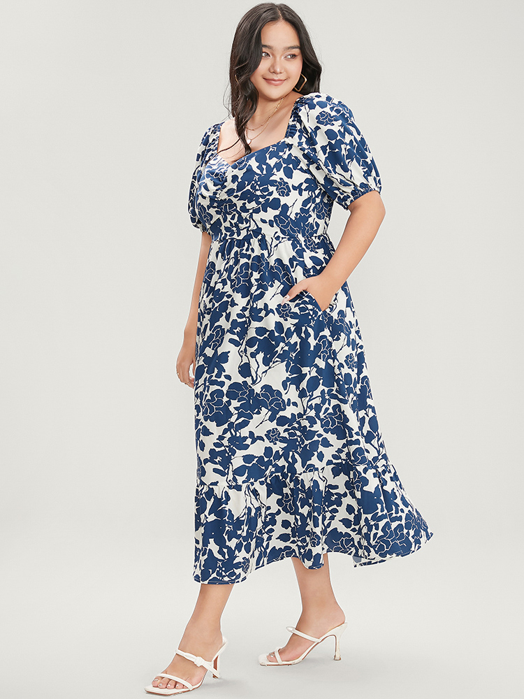 Plus Size Floral Print Pocket Puff Sleeve Ruched Pocket Ruffle Hem Dress DarkBlue Women Elegant Pocket V-neck Short sleeve Curvy Midi Dress BloomChic 26/4X 