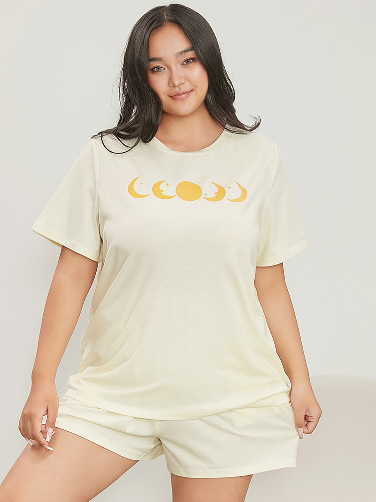 

Plus Size Moon And Star Round Neck Sleep Top Women Ivory Casual Star and moon Round Neck Pocket Loungewear BloomChic