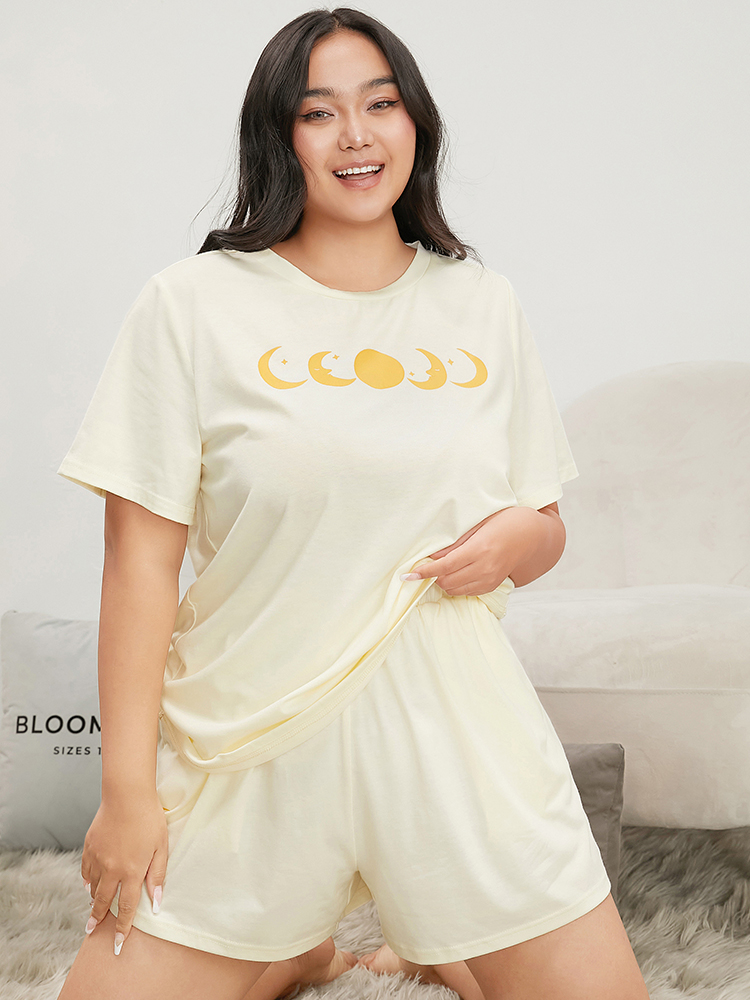 Plus Size Moon Print Elastic Waist Pocket Sleep Shorts Women Ivory Casual Star and moon Shoulderless Pocket Loungewear BloomChic 14-16/1X 