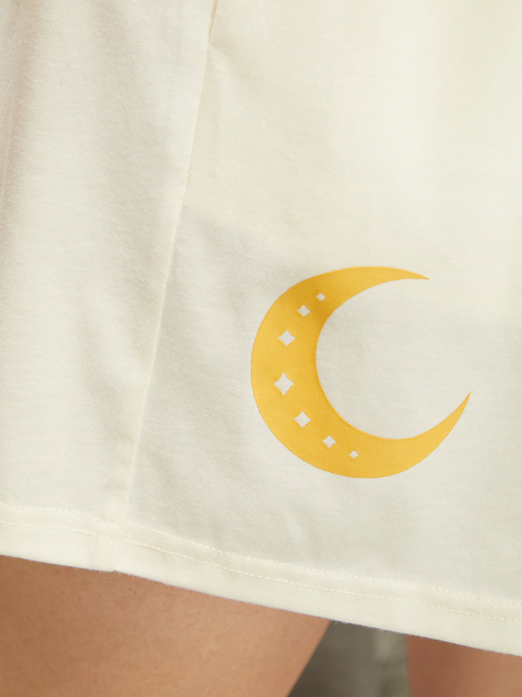 Plus Size Moon Print Elastic Waist Pocket Sleep Shorts Women Ivory Casual Star and moon Shoulderless Pocket Loungewear BloomChic 14-16/1X 