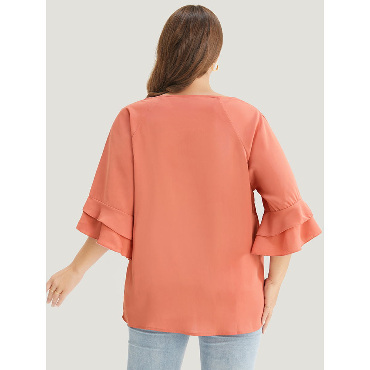 

Plus Size OrangeRed Plain Ruffle Tiered Round Neck Blouse Women Work From Home Elbow-length sleeve Round Neck Work Blouses BloomChic
