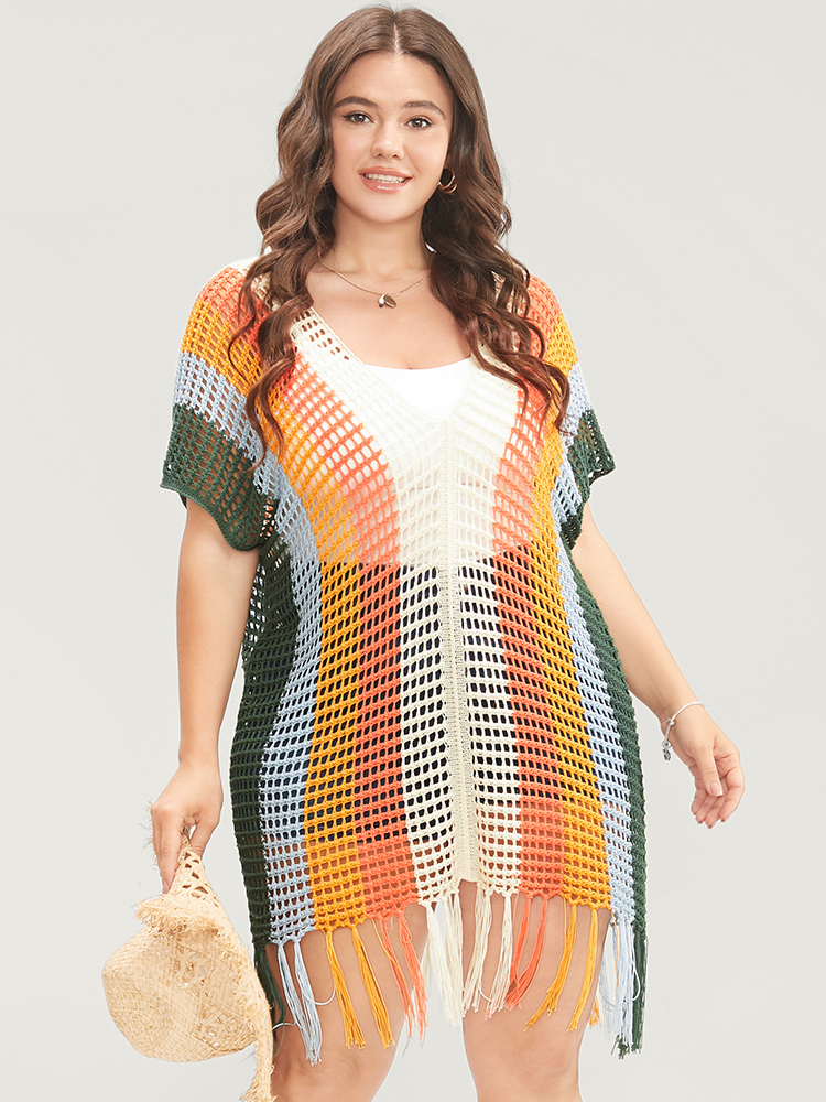 Colorblock Contrast Dolman Sleeve Cut Out Tassels Hem Knit Top BloomChic 