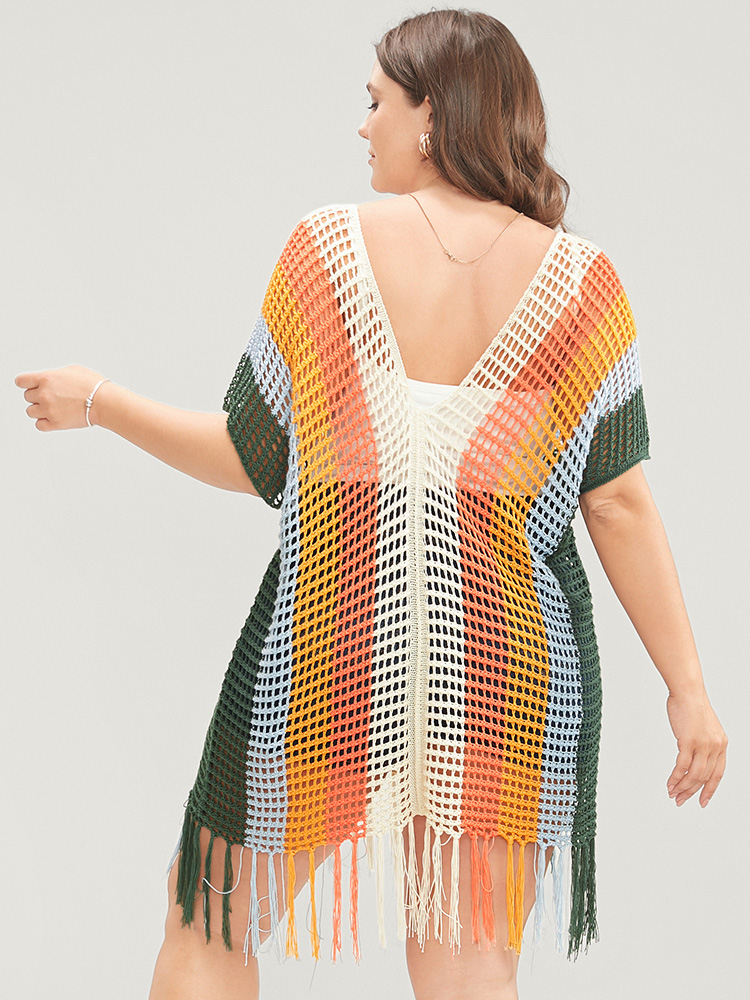 Colorblock Contrast Dolman Sleeve Cut Out Tassels Hem Knit Top BloomChic 