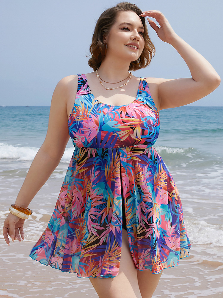 

Plus Size Tropical Print Ruffles Split Front Swim Dress Women's Swimwear Multicolor Vacation Bodycon Round Neck High stretch Curve Swim Dresses BloomChic