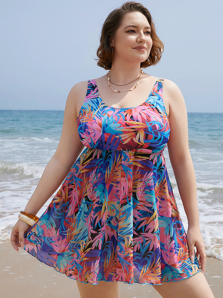 

Plus Size Tropical Print Ruffles Split Front Swim Dress Women's Swimwear Multicolor Vacation Bodycon Round Neck High stretch Curve Swim Dresses BloomChic