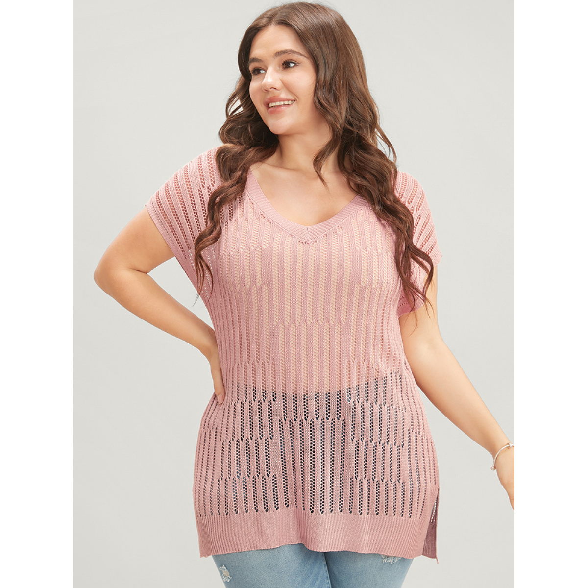 

Plus Size Plain Vertical Striped Cut Out Split Hem Knit Top Coral Women Casual Sleeveless V-neck Dailywear Pullovers BloomChic