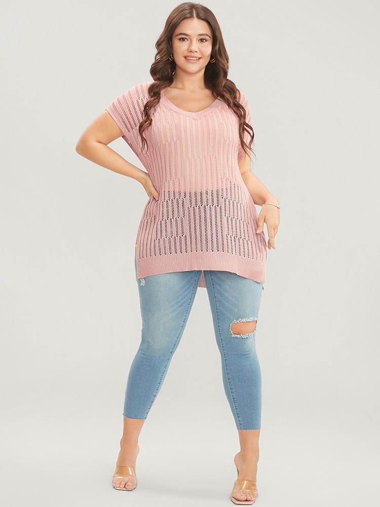 Plus Size Plain Vertical Striped Cut Out Split Hem Knit Top Coral Women Casual Sleeveless V-neck Dailywear Pullovers BloomChic 18-20/2X 