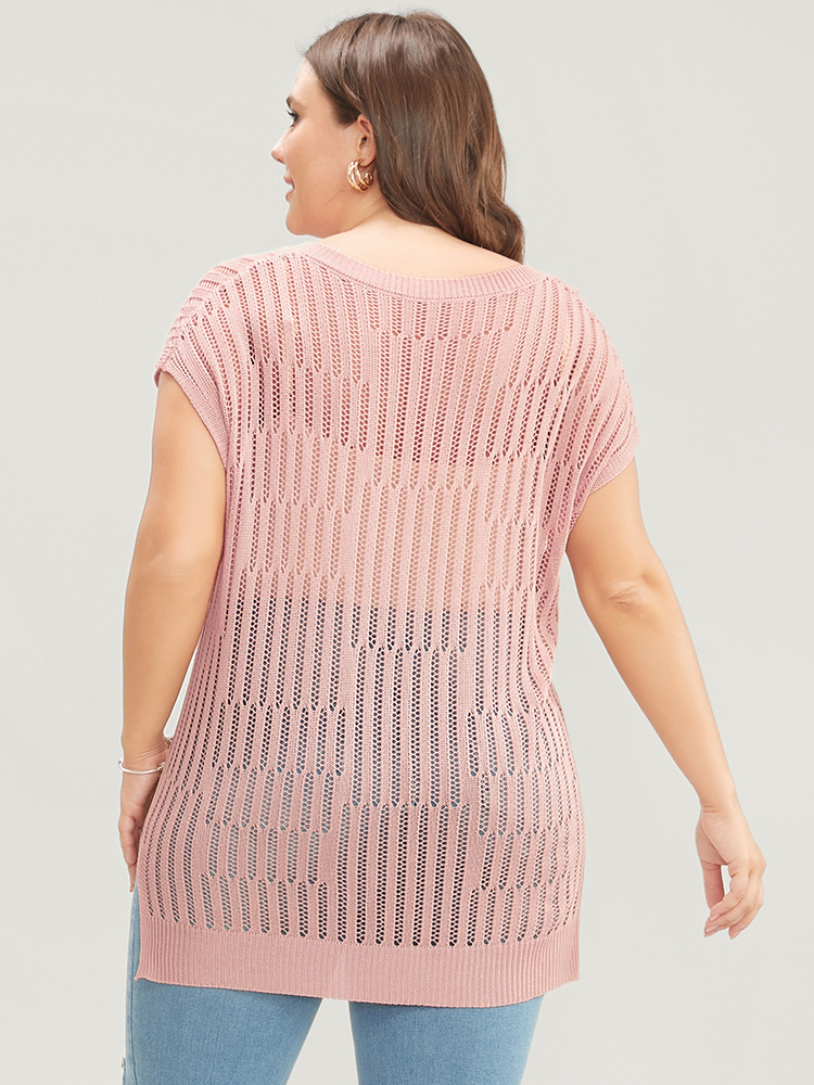 Plus Size Plain Vertical Striped Cut Out Split Hem Knit Top Coral Women Casual Sleeveless V-neck Dailywear Pullovers BloomChic 18-20/2X 