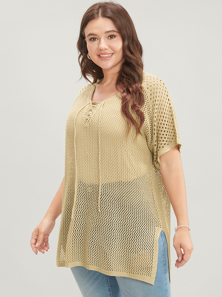 

Plus Size Plain Split Cut Out Lace Up Knit Top Champagne Women Casual Loose Short sleeve Dailywear Pullovers BloomChic