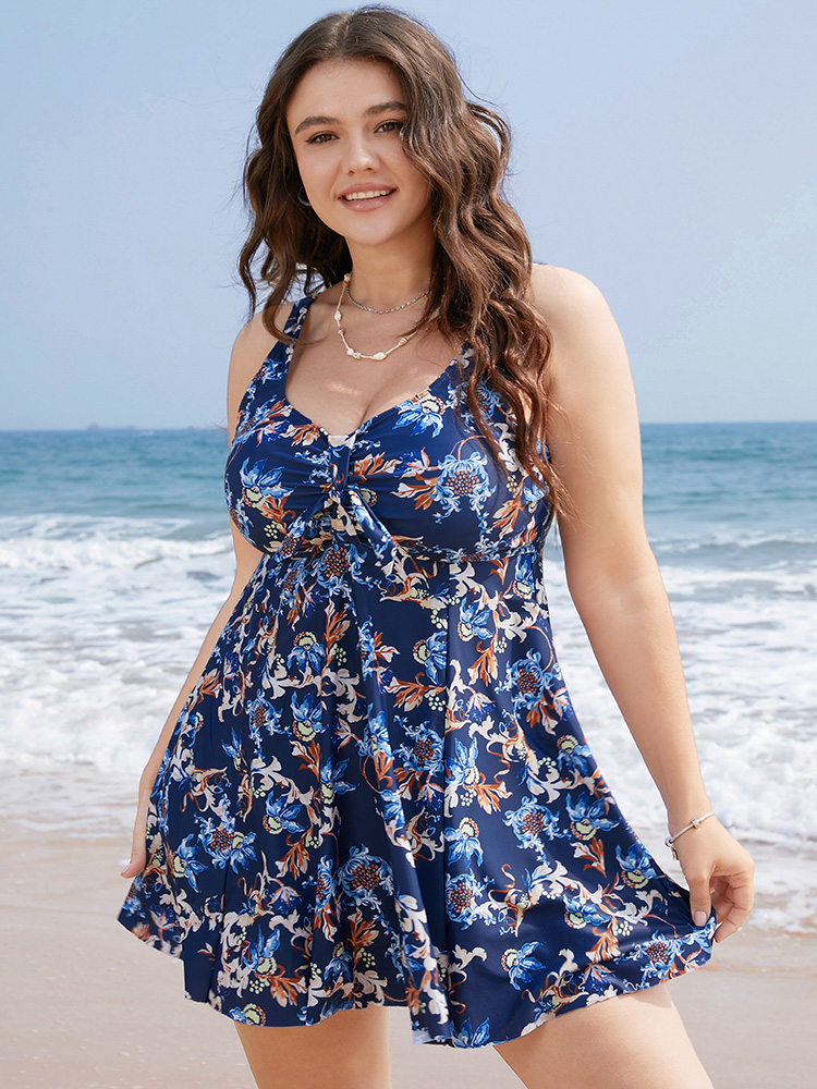 

Plus Size Floral Knot Front Ruched Ruffles Swim Dress Women's Swimwear Indigo Vacation Bodycon V-neck High stretch Curve Swim Dresses BloomChic