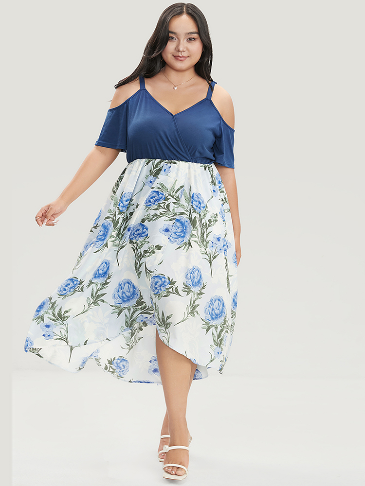 Plus Size Floral Patchwork Cold Shoulder Pocket Asymmetrical Hem Dress Indigo Women Elegant Adjustable Straps Cold Shoulder Short sleeve Curvy Midi Dress BloomChic 12/L 