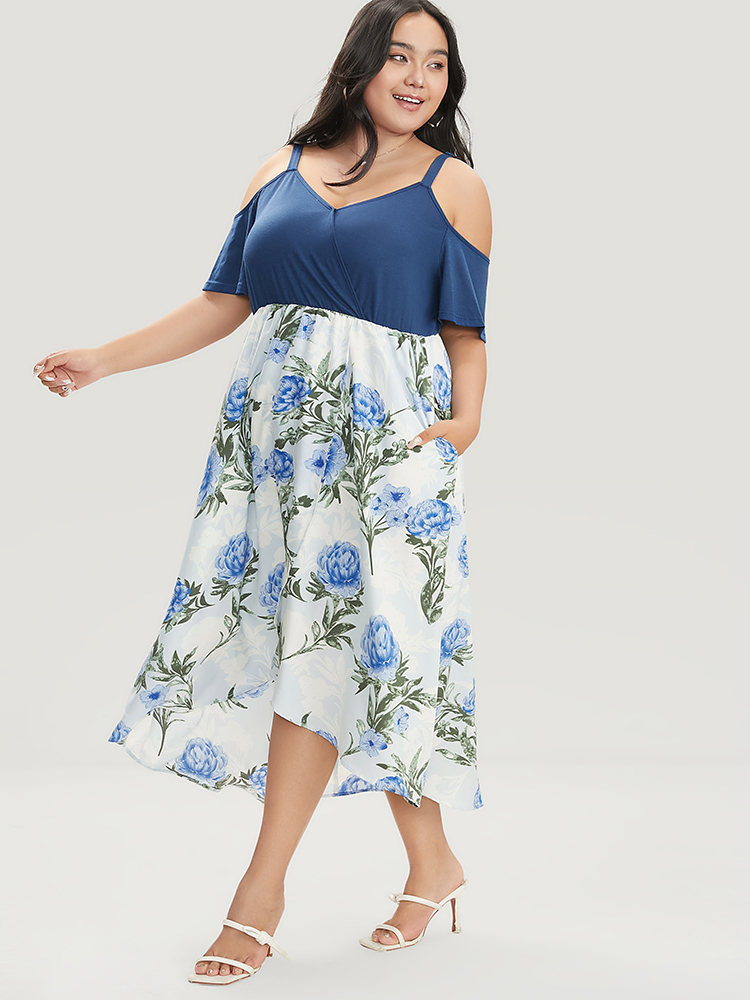 Plus Size Floral Patchwork Cold Shoulder Pocket Asymmetrical Hem Dress Indigo Women Elegant Adjustable Straps Cold Shoulder Short sleeve Curvy Midi Dress BloomChic 12/L 