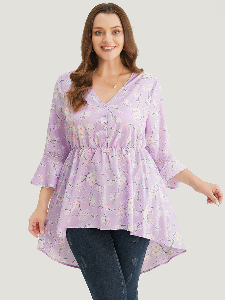 

Plus Size Lilac Floral Bell Sleeve Button Through High Low Hem Blouse Women Elegant Elbow-length sleeve V-neck Dailywear Blouses BloomChic