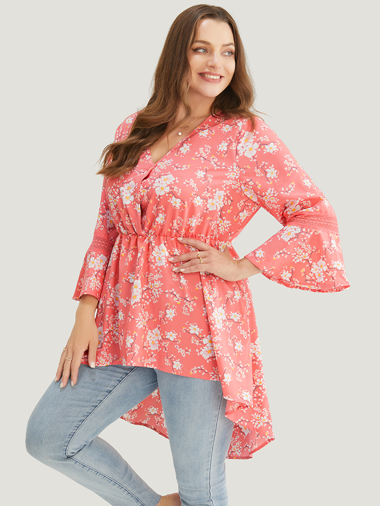 

Plus Size Salmon Floral Bell Sleeve Button Through High Low Hem Blouse Women Elegant Elbow-length sleeve V-neck Dailywear Blouses BloomChic