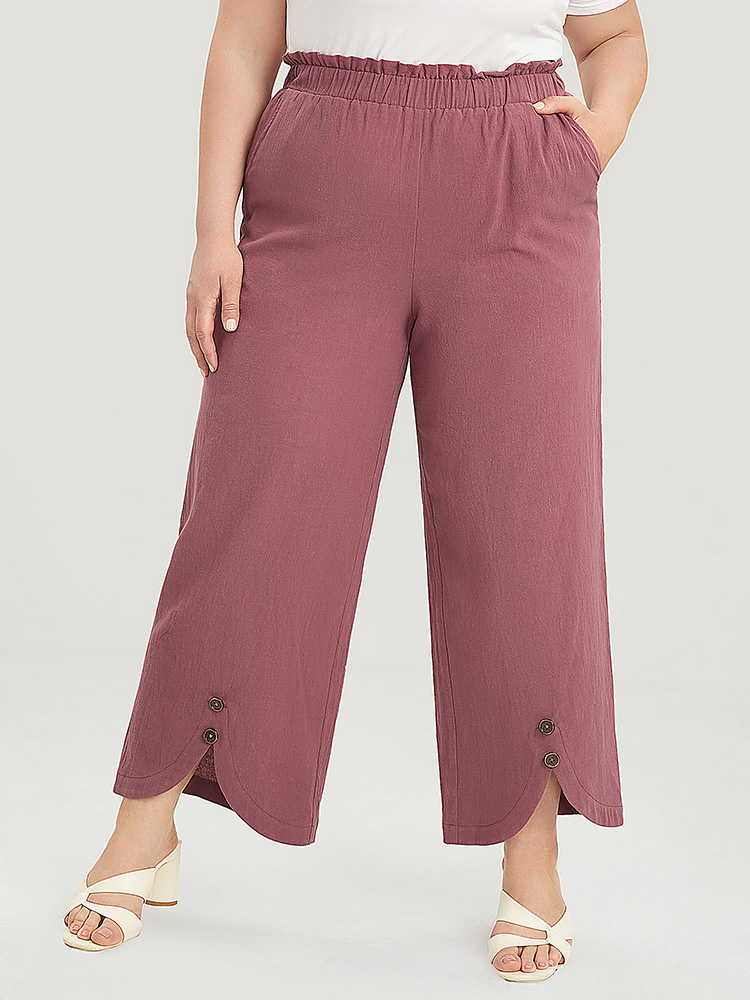 

Plus Size Plain Paperbag Waist Asymmetrical Hem Pocket Button Detail Pants Women Mauve Casual Loose High Rise Work Pants BloomChic