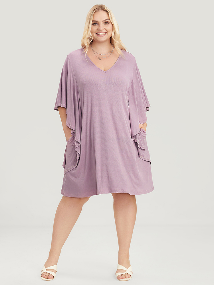 

Plus Size Solid Dolman Sleeve Ruffle Trim Pocket Rib Knit Knee Dress Mauve Women Casual Pocket V-neck Half Sleeve Curvy Knee Dress BloomChic