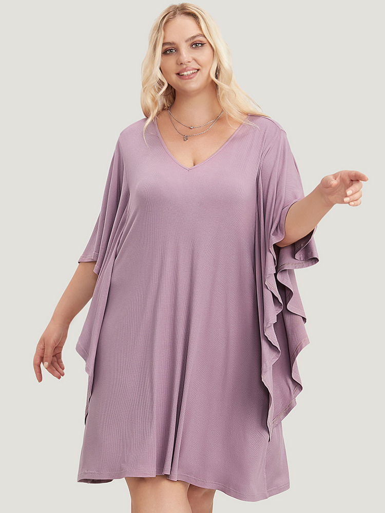 Plus Size Solid Dolman Sleeve Ruffle Trim Pocket Rib Knit Knee Dress Mauve Women Casual Pocket V-neck Half Sleeve Curvy Knee Dress BloomChic 26/4X 