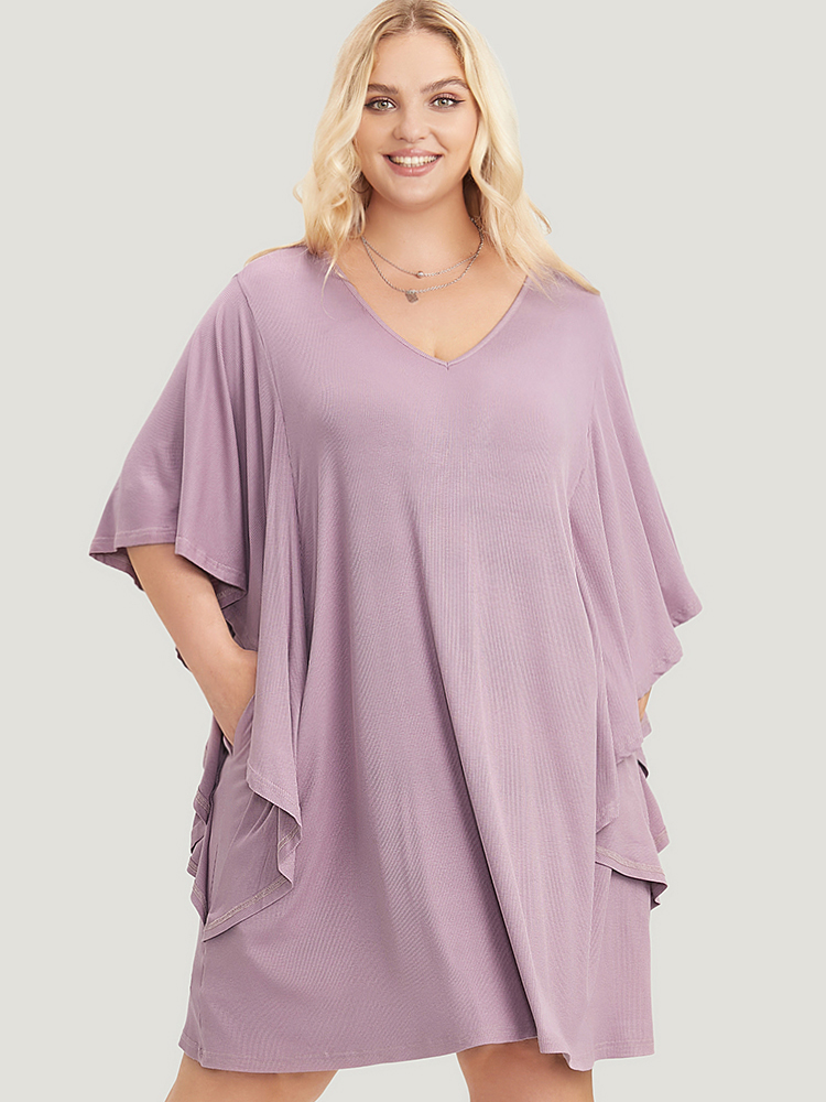 Plus Size Solid Dolman Sleeve Ruffle Trim Pocket Rib Knit Knee Dress Mauve Women Casual Pocket V-neck Half Sleeve Curvy Knee Dress BloomChic 26/4X 