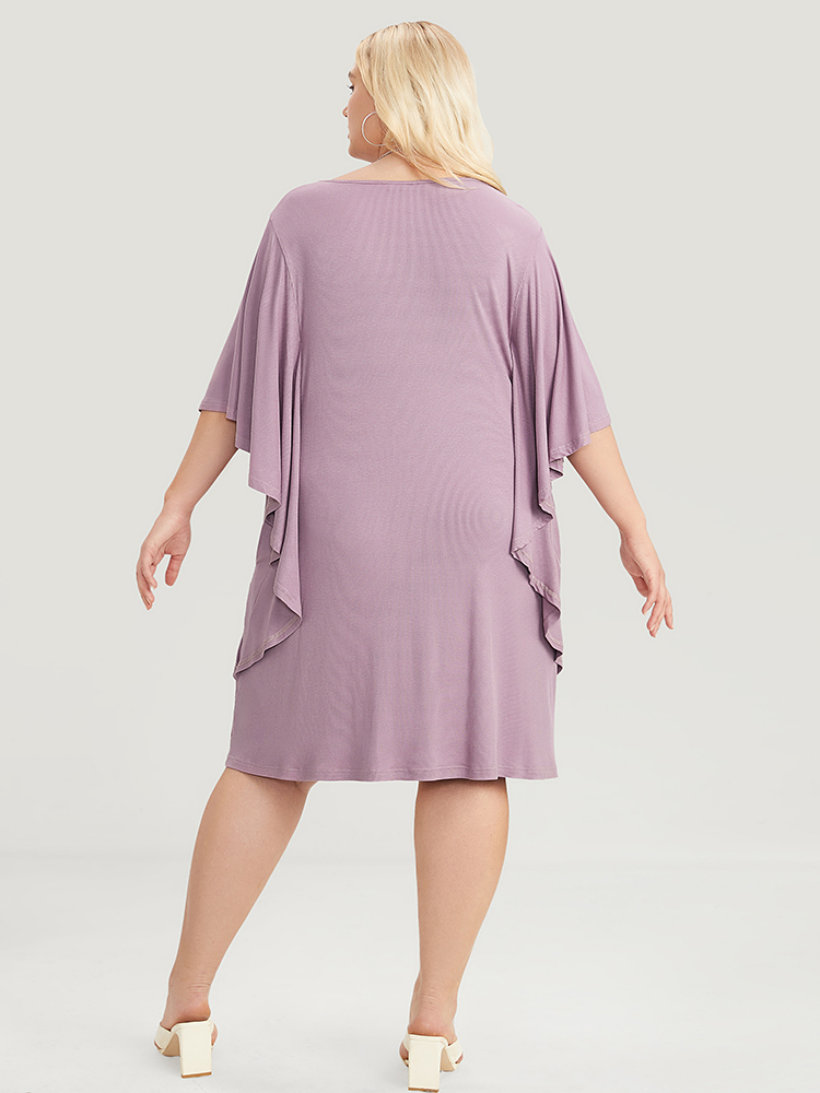 Plus Size Solid Dolman Sleeve Ruffle Trim Pocket Rib Knit Knee Dress Mauve Women Casual Pocket V-neck Half Sleeve Curvy Knee Dress BloomChic 26/4X 