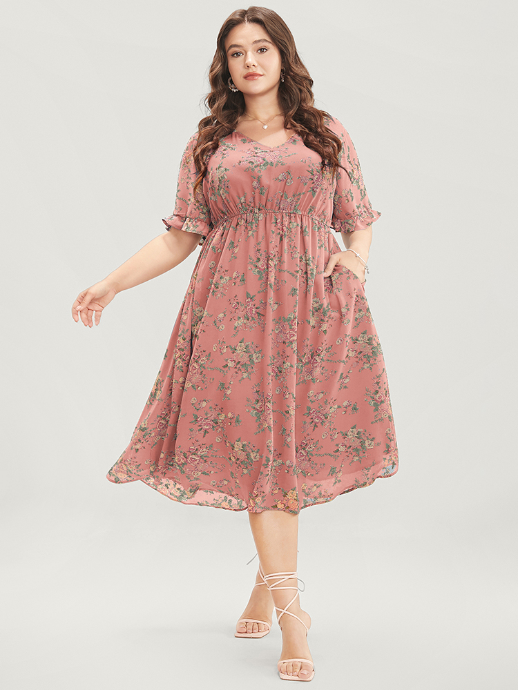 Plus Size Floral Print V Neck Elastic Waist Mesh Pocket Ruffles Dress DustyPink Women Elegant See through V-neck Short sleeve Curvy Midi Dress BloomChic 22-24/3X 