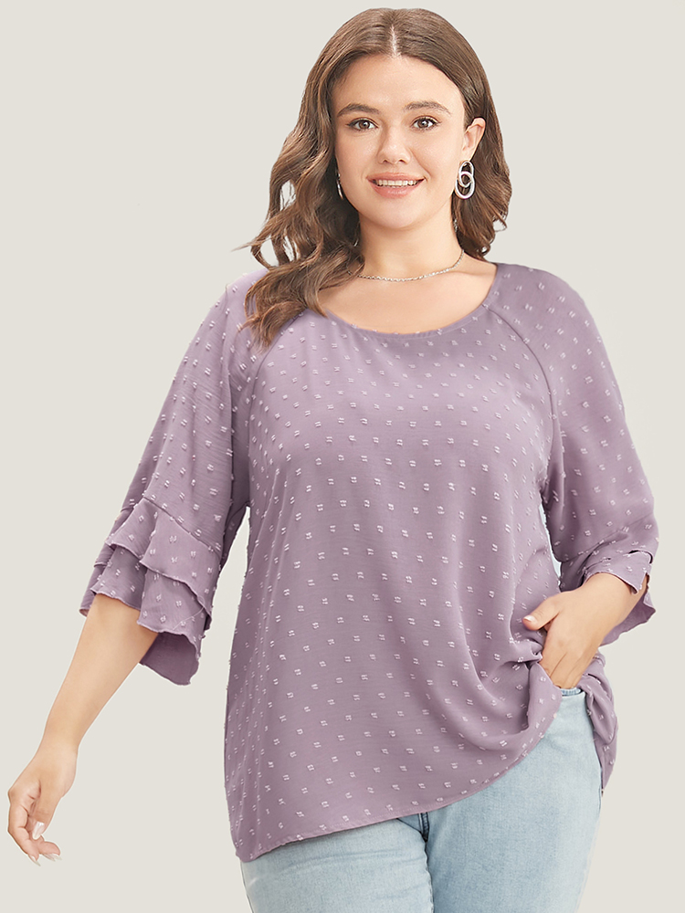 

Plus Size Mauve Polka Dot Round Neck Ruffle Sleeve Blouse Women Casual Elbow-length sleeve Round Neck Dailywear Blouses BloomChic