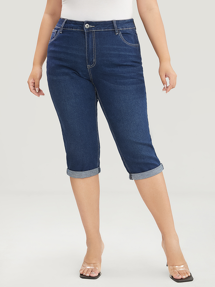 

Plus Size Slightly Stretchy High Rise Dark Wash Roll Hem Knee Denim Shorts Women DarkBlue Casual Plain Pocket Low stretch Pocket Jeans BloomChic