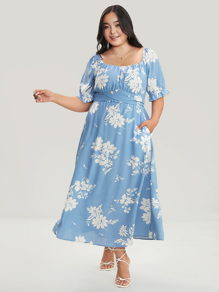 

Plus Size Floral Print Puff Sleeve Belted Square Neck Flutter Hem Dress LightBlue Women Cross straps Square Neck Short sleeve Curvy Midi Dress BloomChic