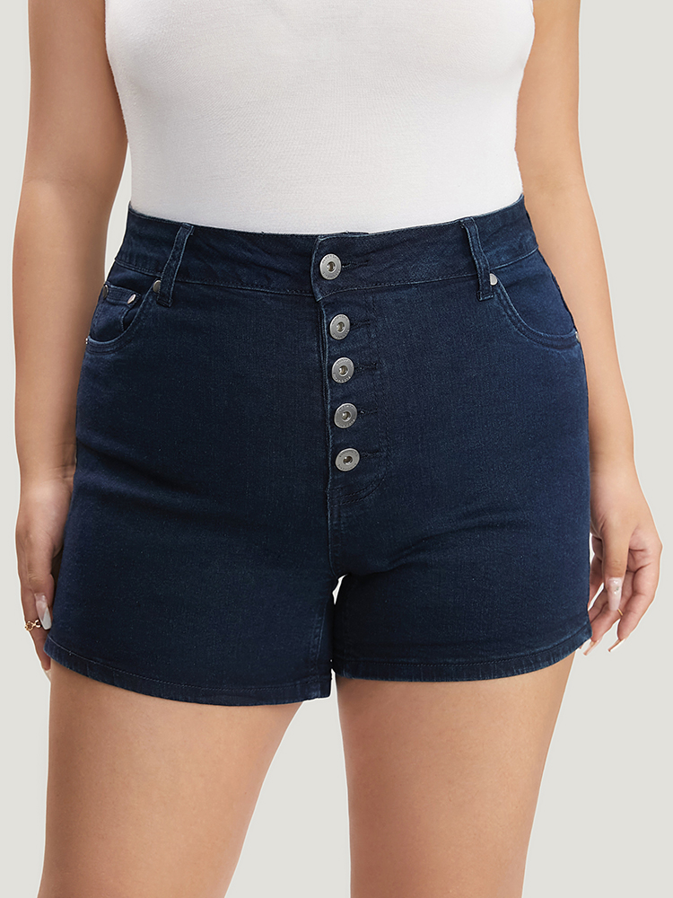 

Plus Size Slightly Stretchy High Rise Dark Wash Single Breasted Denim Shorts Women DarkBlue Casual Plain Button Low stretch Pocket Jeans BloomChic