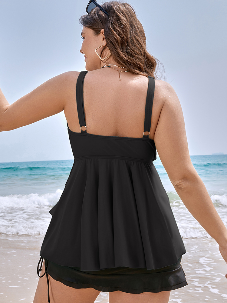 

Plus Size Knotted Front Ruffle Tiered Tankini Top Women's Swimwear Black Beach Ruffles High stretch Bodycon V-neck Curve Swim Tops BloomChic