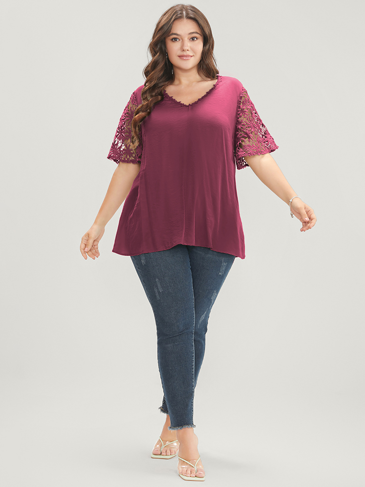

Plus Size Purple Plain V Neck Floral Patchwork Blouse Women Casual Short sleeve V-neck Everyday Blouses BloomChic