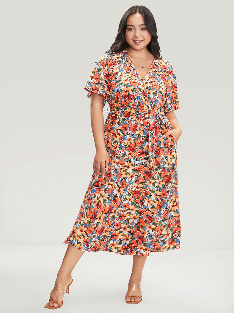 

Plus Size Floral Printed Ruffle Sleeve Pocket Surplice Neck Flutter Dress Multicolor Women Elegant Cross straps V-neck Short sleeve Curvy Midi Dress BloomChic