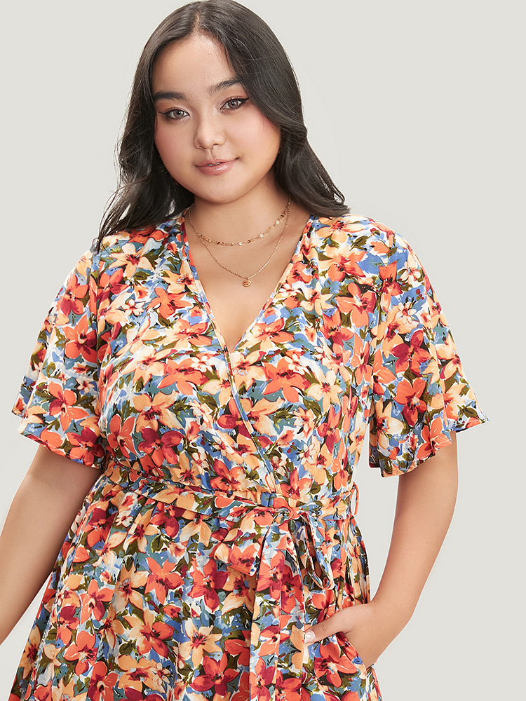 

Plus Size Floral Printed Ruffle Sleeve Pocket Surplice Neck Flutter Dress Multicolor Women Elegant Cross straps V-neck Short sleeve Curvy Midi Dress BloomChic