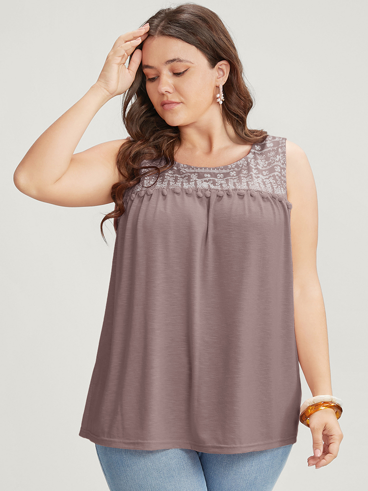 Plus Size Solid Patchwork Sleeveless Pompom Trim Tank Top Women Rouge Vacation Elastic Waist Round Neck Dailywear Tank Tops Camis BloomChic 10/M 