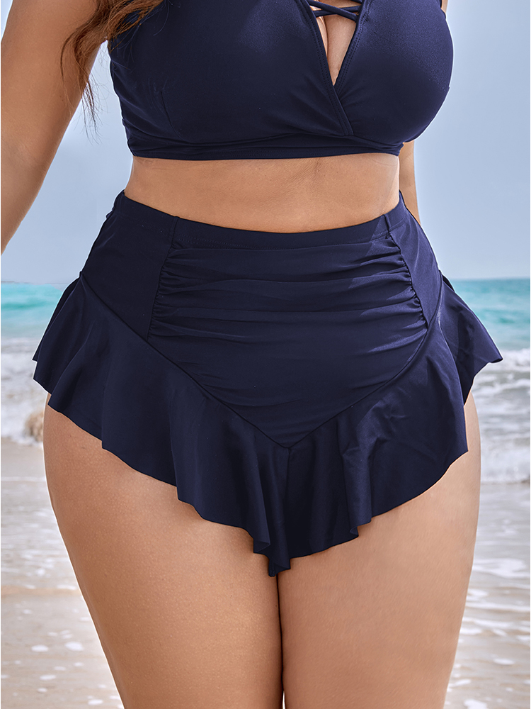 

Plus Size Ruffle Trim Ruched Front Swim Bottom Women's Swimwear Indigo Beach Non High stretch Bodycon High Rise Curve Swim Bottoms BloomChic