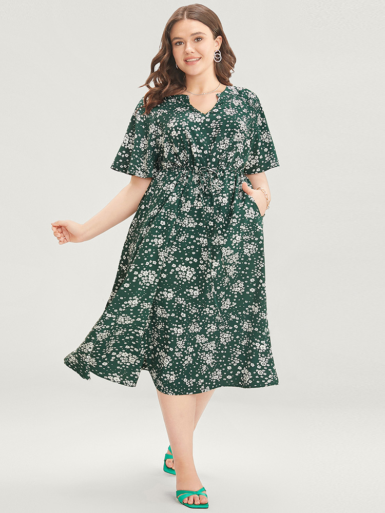 

Plus Size Floral Print Raglan Sleeve Pocket Drawstring Ruffles Dress ArmyGreen Women Elegant Drawstring V-neck Short sleeve Curvy Midi Dress BloomChic