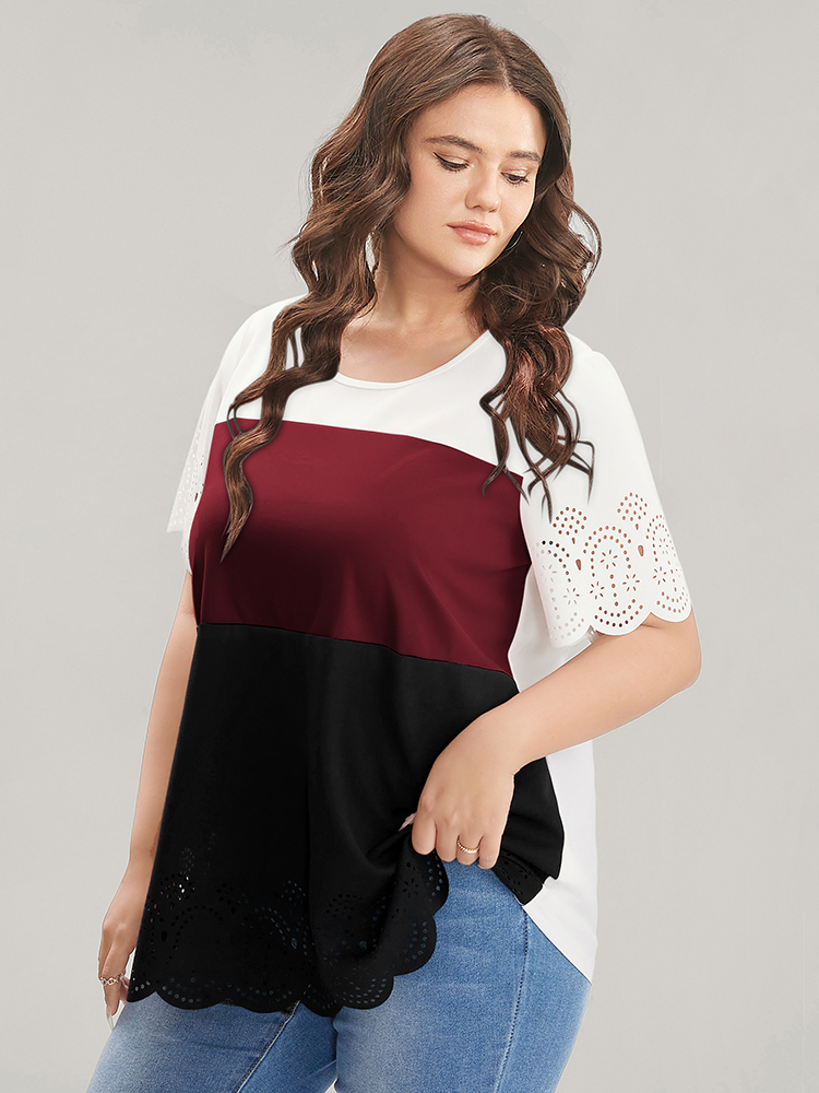 

Colorblock Contrast Scalloped Trim Laser Cut Crew Neck T-shirt, Burgundy