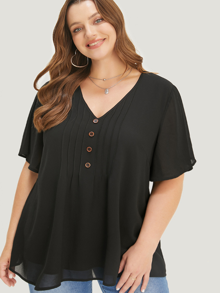 

Plus Size Black Plain V Neck Mesh Ruffle Sleeve Button Detail Blouse Women Casual Short sleeve V-neck Work Blouses BloomChic