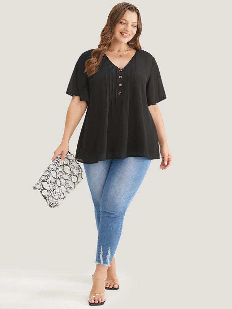 

Plus Size Black Plain V Neck Mesh Ruffle Sleeve Button Detail Blouse Women Casual Short sleeve V-neck Work Blouses BloomChic