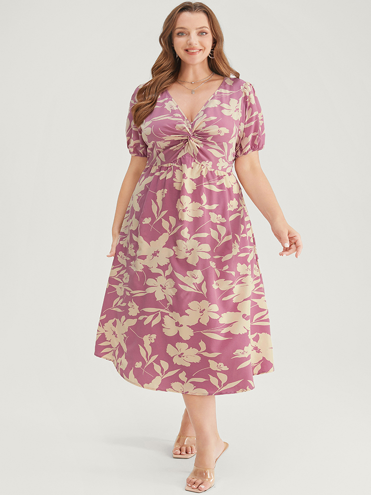 Plus Size Floral Print Twist Front Puff Sleeve Pocket Ruffles Dress Pink Women Elegant Pocket V-neck Short sleeve Curvy Midi Dress BloomChic 14-16/1X 