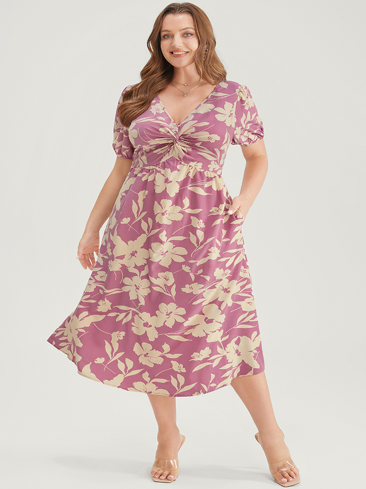 Plus Size Floral Print Twist Front Puff Sleeve Pocket Ruffles Dress Pink Women Elegant Pocket V-neck Short sleeve Curvy Midi Dress BloomChic 14-16/1X 