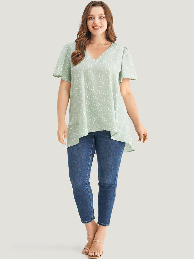 

Plus Size Mint Heart Print Ruffle Sleeve Asymmetrical Hem Blouse Women Elegant Short sleeve V-neck Dailywear Blouses BloomChic