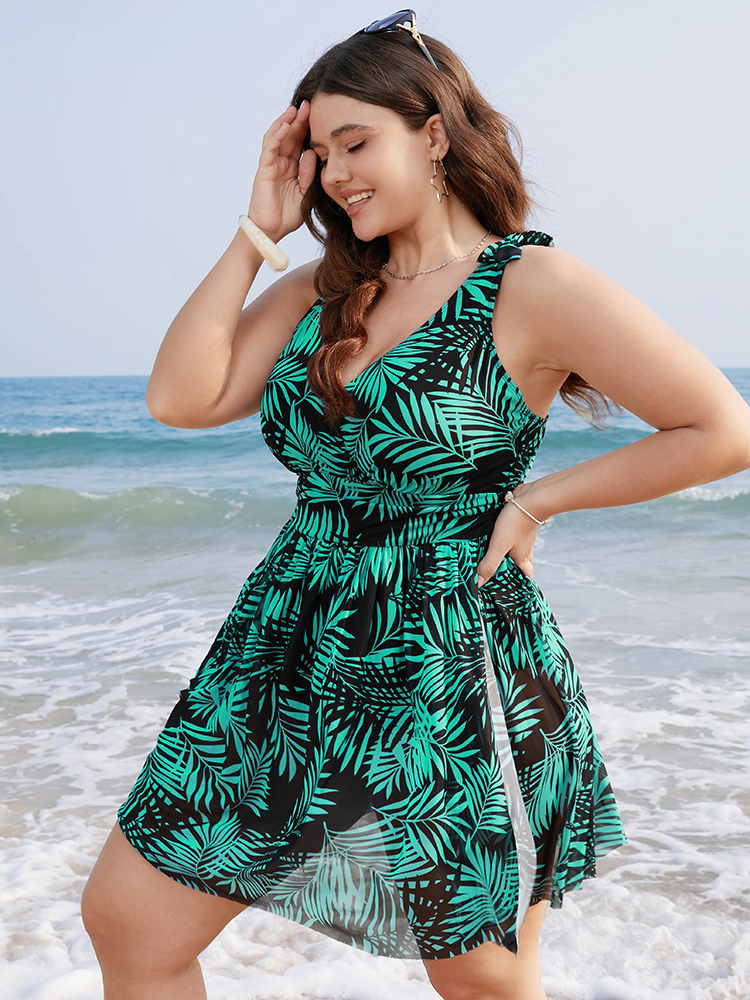 Plant Print Bow Ruffle Split Hem Swim Dress BloomChic 