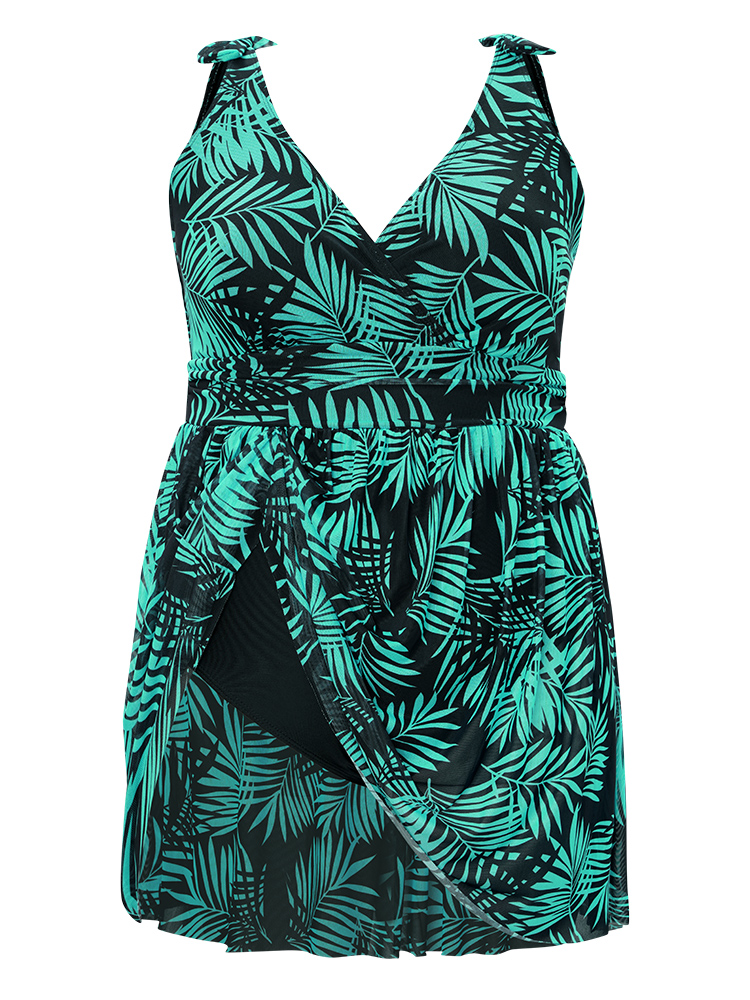 Plant Print Bow Ruffle Split Hem Swim Dress BloomChic 