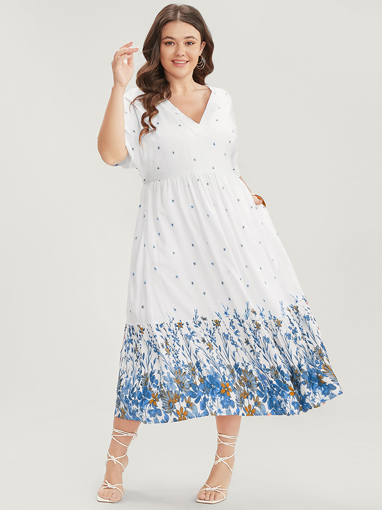 

Plus Size Floral Print Dolman Sleeve V Neck Pocket Ruffle Hem Dress Cerulean Women Vacation Patchwork V-neck Half Sleeve Curvy Midi Dress BloomChic