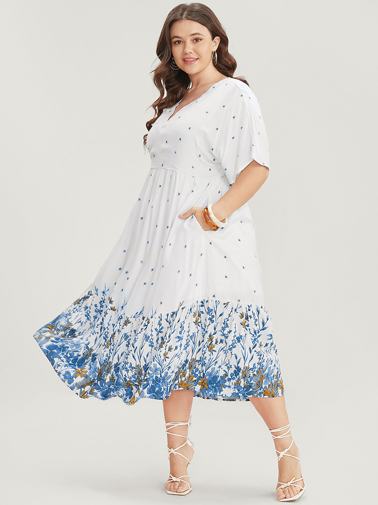 

Plus Size Floral Print Dolman Sleeve V Neck Pocket Ruffle Hem Dress Cerulean Women Vacation Patchwork V-neck Half Sleeve Curvy Midi Dress BloomChic